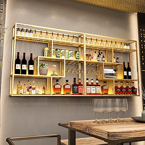 Großes Weinregal zur Wandmontage mit LED-Licht, mit Weinglashalter, schwebende Wandregale aus Metall, hängende Likörflaschen-Ausstellungsregal, Eisen-Weinständer, für Zuhause, Bar, Weinkeller, Küche von Generisch