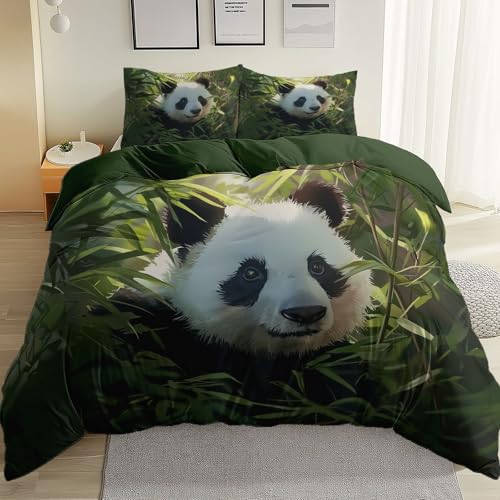 Grün Reversibel Anti-Falten Bettbezug 135 x 200 cm, Cartoon Illustration Panda Bambus Thema Mikrofaser Bettwäsche mit Reißverschluss Weich und Bügelfrei für Teenager Schlafzimmer Hotel Dekor von Generisch