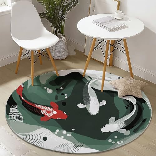 Grün Runder Teppich 180 cm Round Eingangsbereich Teppich Teich Koi, Kleiner Kreis Bereich Küche Läufer rutschfest Waschbar Läufer von Generisch