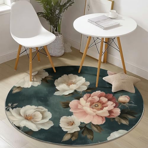 Grün Runder Teppich 90 cm Round Eingangsbereich Teppich Vintage Pfingstrose Rose, Kleiner Kreis Bereich Küche Läufer rutschfest Waschbar Läufer von Generisch