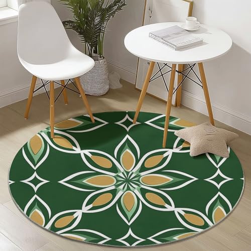 Grün Runder Teppich Wohnzimmer 100 cm rutschfest Läufer Waschbar Teppiche Kurzflor Weich Runder Läufer Symmetrisch Geometrisch Blumen for Wohnzimmer Schlafzimmer Studie Heimbüro von Generisch