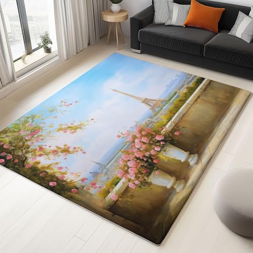 Grün Teppich Retro Blumen Eiffelturm Flanell Flauschiger Rutschfester Teppich, Waschbarer Weich Kurzflor Fußmatten für Schlafzimmer Wohnzimmer Kinderzimmer Dekor 160 x 230 cm von Generisch