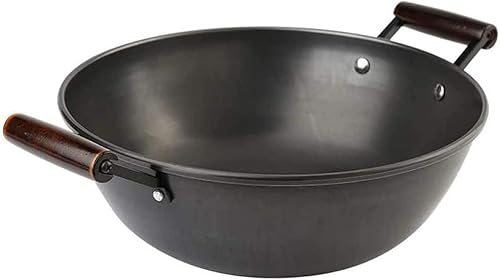 Gusseisen-Wokpfanne - Unbeschichtete Feineisen-Doppelohrpfanne, großer Haushalts-Antihaft-Wok zum Schmoren & Kochen von Generisch