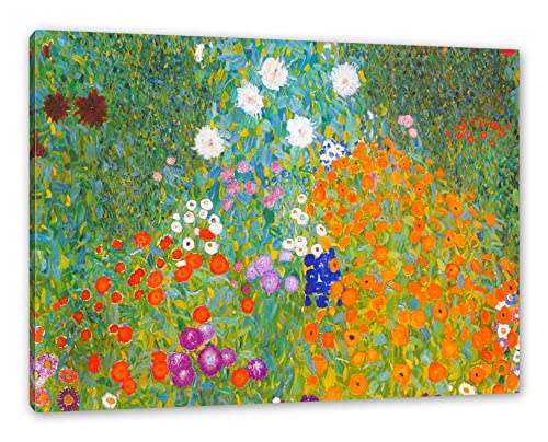 Gustav Klimt - Bauerngarten als Leinwandbild / Größe: 100x70 cm / Wandbild / Kunstdruck / fertig bespannt, Weiß von Liakai