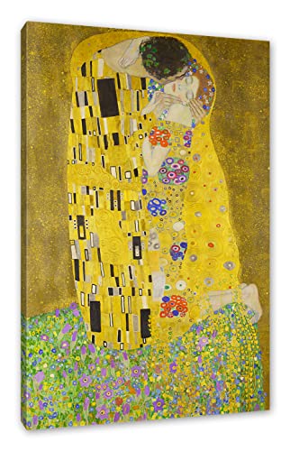 Gustav Klimt - Der Kuss als Leinwandbild / Größe: 80x60 cm / Wandbild / Kunstdruck / fertig bespannt, Weiß von Generisch