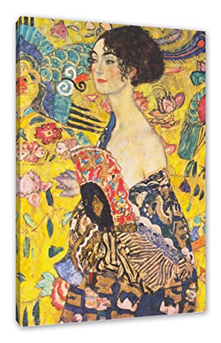 Gustav Klimt - Frau mit Fächer als Leinwandbild / Größe: 80x60 cm / Wandbild / Kunstdruck / fertig bespannt, Weiß von Generisch