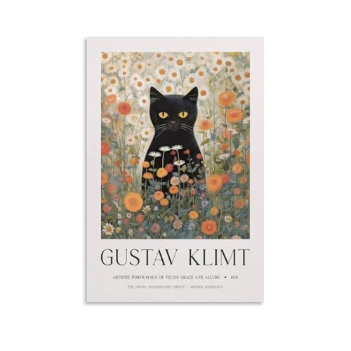 Gustav Klimt Schwarze Katze, Blume, Wandkunst, Poster, Wanddekoration für Schlafzimmer, Leinwand, Gemälde, Badezimmer, Kunst, Wanddekoration, 30 x 45 cm von Generisch