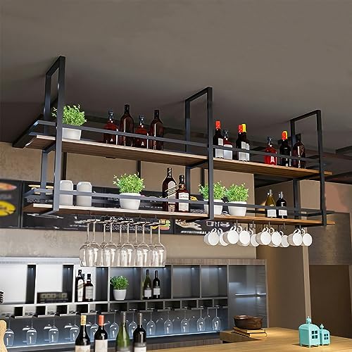 Hängendes Weinregal, Metalldecke Weinglasregal, 2-lagiger industrieller Weinflaschenhalter mit Glashalter und Ablage für Bar, Café, Küche Hängendes Weinregal, Metalldecke Weinglasregal, 2-lagiger industrieller Weinflaschenhalter mit Glashalter und Ablage für Bar, Café, Küche von Generisch