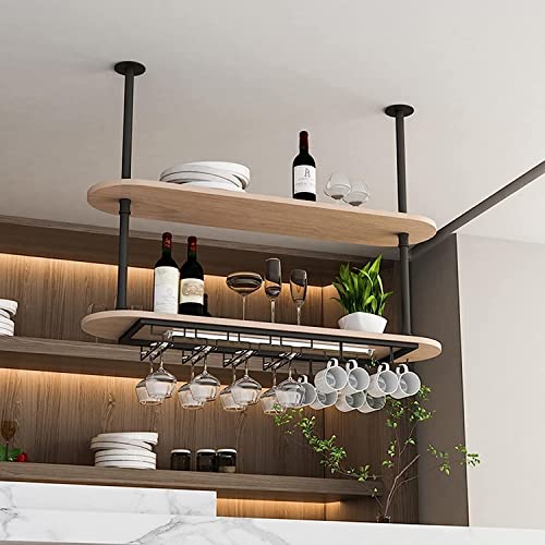 Hängeregal aus Holz mit 2 Etagen, Weinglashalter und Wandaufbewahrung, stilvolle Deckendekoration für Zuhause, Küche oder Bar, platzsparendes und funktionales Design von Generisch