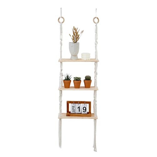 Hängeregale mit 3 Etagen mit Boho-Baumwollseilen, rustikales Schweberegal aus Holz, Lagerregal für Wohnzimmer, Küche, Schlafzimmer, und Heimdekoration von Generisch