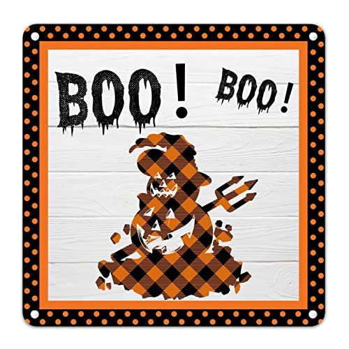 Halloween Boo Orange Plaid Kürbis Gesicht Blechschild Retro Stil Holzmaserung Metallschild Gruseliges abgestuftes Tablett Schild Urlaub Party Dekor für Zuhause Küche Kamin Kaminsims Männerhöhle 30,5 x von Generisch