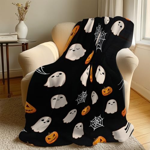 Halloween Kuscheldecke, Flanell Überwurfdecke Kühlende Bettwäsche Kürbisse Geister Spinnen Webs Sofadecke Weiche Flauschig Warme für Bett Couch Wohnzimmer (100 x 130 cm) von Generisch