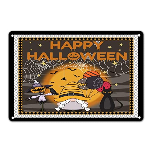 Halloween-Zwerg-Vollmond-Blechschild mit schwarzer Katze, orangefarbenes und schwarzes kariertes Schild, Zwerg, Hexenhut, Schrecken, Krähe zum Aufhängen, rustikale festliche Dekorationen für Kaminsims von Generisch