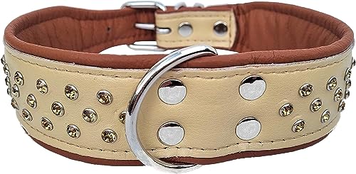 Halsband Halsband - Halsumfang 43-50cm/45mm oder 51-61cm/50mm, Echt voll Leder + Kristalle, Beige/Cognac (Halsumfang 43-50cm) von Generisch