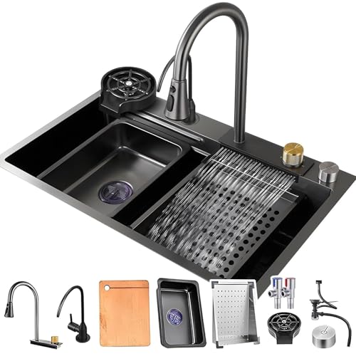 Handgefertigte Edelstahl-Barspüle mit Einzelbecken & Wasserfall-Wasserhahn – komplettes Küchen-Arbeitsplatz-Spülen-Set (75 x 45 x 22 cm) – langlebiges & elegantes Design für moderne Küchen von Generisch