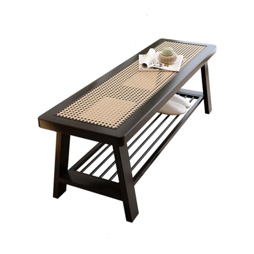 Handgefertigte Rattanbank für den Eingangsbereich – stilvolle Schuhaufbewahrung aus Holz mit 1 Etagenfach, atmungsaktiver Sitz, ideal für Flur & Wohnzimmer (Schwarz, 60 x 35 cm) von Generisch