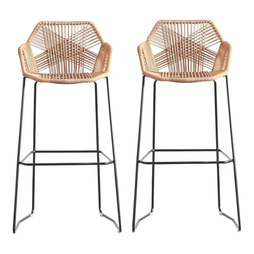 Handgewebte Rattan-Barstühle, 2er-Set, Barhocker mit Fußstütze und Rückenlehne für Zuhause, einfaches und stilvolles Design von Generisch