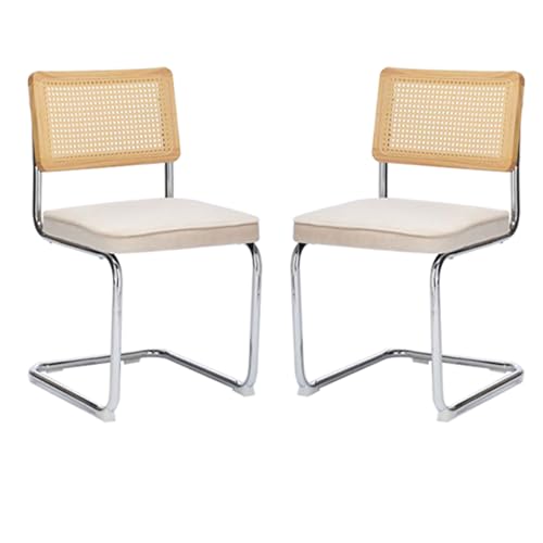 Handgewebte Rattan-Esszimmerstühle im 2er-Set, modernes Design mit Chrom-Basis und gepolstertem Baumwollsitz, Freischwingersessel für Küche und Esszimmer von Generisch