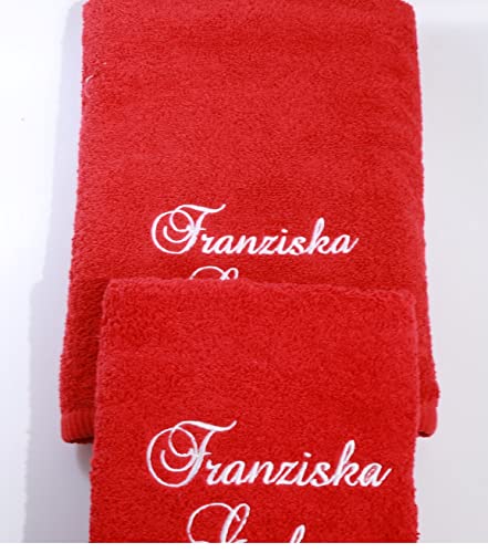 Handtücher Set 2-TLG. - Duschtuch 70x140 + Handtuch 50x100 mit Namen Bestickt Geschenk Badetuch 500 g/m2 100% Baumwolle SUPER QUALITÄT (3-TLG. - 70x140 cm + 50x100 cm + 30x50 cm, Rot) von Generisch