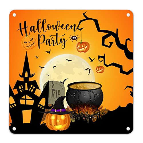 Happy Halloween Schild Halloween Kürbis Fall Mond Blechschild Hexenkessel Schwarze Fledermäuse Metallschild Horror Bauernhaus Dekor für Zuhause Kaminsims Wohnzimmer Haustür 30,5 x 30,5 cm von Generisch