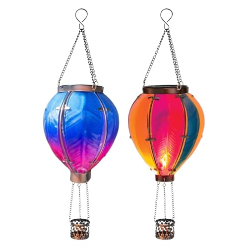 Heißluftballon-Solar-Gartenleuchte, 2 Stück hängende Solar-Heißluftballon-Laterne, bunte flackernde Flammen-Solarleuchten für den Außenbereich, Metall-Heißluftballon-Dekorationslaternen für Hof, von Generisch