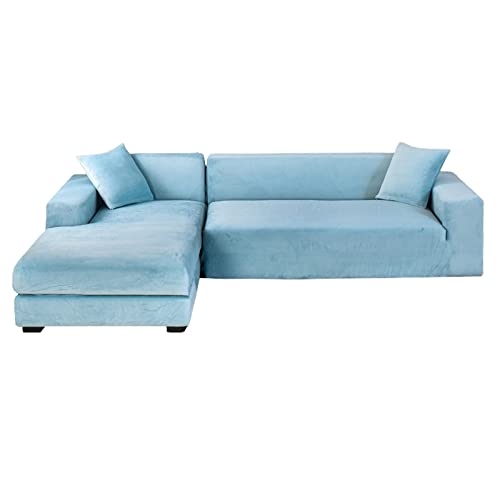 Hellblau Samt Ecksofa Sofabezug 2 Stück rutschfest Stretch Schoner für L-Form Sofas Weicher Möbelbezug für 4+2 Sitzer Ecksofa von Generisch