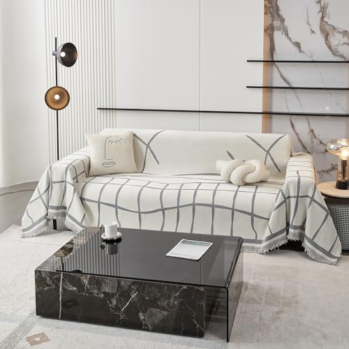 Hellgraues Chenille-Karo- und Überwurfdecke, waschbarer Sofabezug mit zarten Fransen, Ecksofa-Schutz, 180 x 360 cm, stilvolle Heimdekoration von Generisch