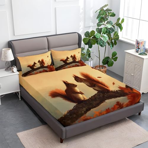 Hellkhaki Spannbettlaken Weiche Atmungsaktivem 180 x 200 cm, Tiefe Tasche Matratzenschoner rutschfeste Atmungsaktive Herbstlaub Äste Tier Eichhörnchen Spannbettlaken für Kinder Erwachsene von Generisch