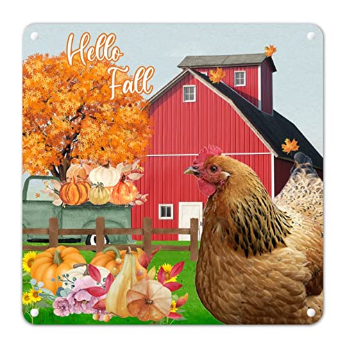 Hello Fall Fun Hahn Kürbis Blechschild Ahorn LKW Scheune Sonnenblumen Plakette Rustikales Herbst-Willkommensschild Bauernhaus Kinderzimmer Thanksgiving Hängende Wandkunst für Zuhause Küche Pront Tür von Generisch