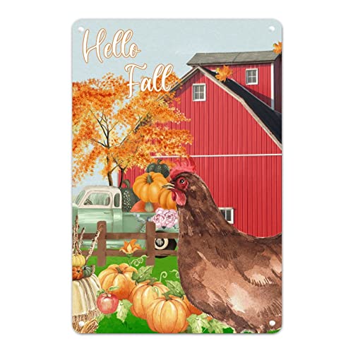Hello Fall Fun Hahn Kürbis Blechschild Ahorn Truck Scheune Sonnenblumen Metallschild Shabby Chic Herbst Ernte Schild Bauernhaus Thanksgiving Hängende Wandkunst für Zuhause Küche Pront Tür Veranda Hof von Generisch
