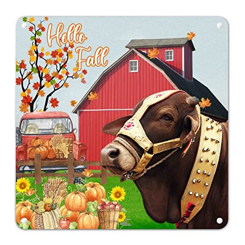 Hello Fall Kuh mit Sonnenblume Blechschild Herbst Wandkunst Ahorn Scheune LKW Kürbis Metallschild Rost Thanksgiving Party Dekor Bauernhaus abgestuftes Tablett Dekor für Zuhause, Küche, Garten, Reisen von Generisch