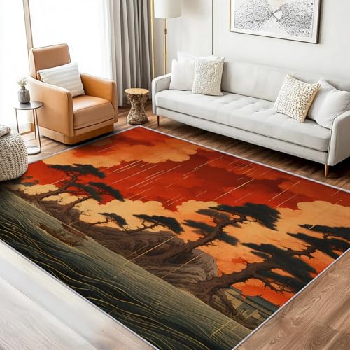 Herbst Teppich Wohnzimmer 120x180 Waschbar, Bettvorleger Fluss Boot Baum Teppiche Gegend Schlafzimmer Deko & Wohnaccessoires, Kurzflor Teppich Weich rutschfest, FD3490 von Generisch
