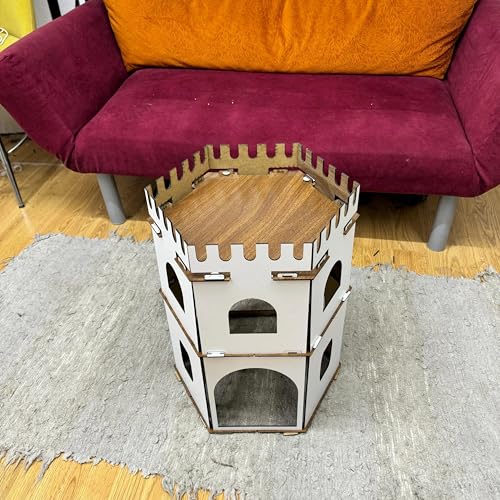 Hexagon Kaninchenhaus aus MDF – 2‑stöckige Holzburg mit Rampen – Zerlegbares Hasenhaus für 1–2 Kaninchen & andere Kleintiere – 50 cm hoch, handgefertigt, sicher & dekorativ (weiß-Nussbaum, N) von Generisch