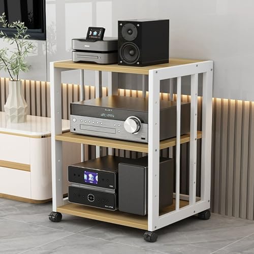 Hifi Rack Abschließbar Mit 360-Grad-Schwenkrädern，Medienschrank Mit Verstellbaren Ablagen，HiFi-Audioschrank Regale，Stereo Komponenten-Rack，HiFi Rack Aus Holz，für Zuhause/Wohnzimmer(Yellow,3tier-50Xx40 von Generisch