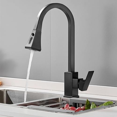 High Arc Black Brass Kitchen Wasserhahn mit Pull-Down-Sprüher & Knopfschalter Spültischarmatur Stilvolles modernes Design für Küche Einfach zu bedienende Sprühfunktion von Generisch