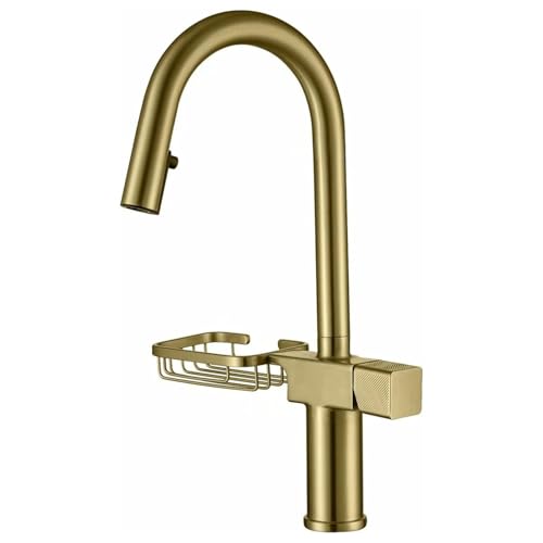High Arc ll Down Küchenspüle Wasserhahn – 360° schwenkbar 2 Funktionen Sprüher Massives Messing Deck Montiert Einloch-Mischbatterie mit Seifenablauf, Regal, gebürstetes Gold-Finish High Arc ll Down Küchenspüle Wasserhahn – 360° schwenkbar 2 Funktionen Sprüher Massives Messing Deck Montiert Einloch-Mischbatterie mit Seifenablauf, Regal, gebürstetes Gold-Finish von Generisch