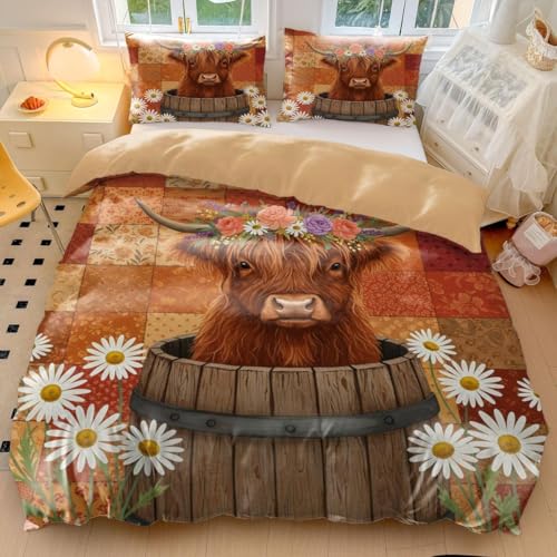 Highland Cow Bettbezug-Set, Retro-Blumenmuster, Bauernhaus-Bettwäsche-Set, brauner Kuhdruck, weiche Mikrofaser, rustikaler Landhausstil, Bettwäsche für Schlafzimmer (01, Einzelbett 135 x 200 cm + 65 x Highland Cow Bettbezug-Set, Retro-Blumenmuster, Bauernhaus-Bettwäsche-Set, brauner Kuhdruck, weiche Mikrofaser, rustikaler Landhausstil, Bettwäsche für Schlafzimmer (01, Einzelbett 135 x 200 cm + 65 x von Generisch