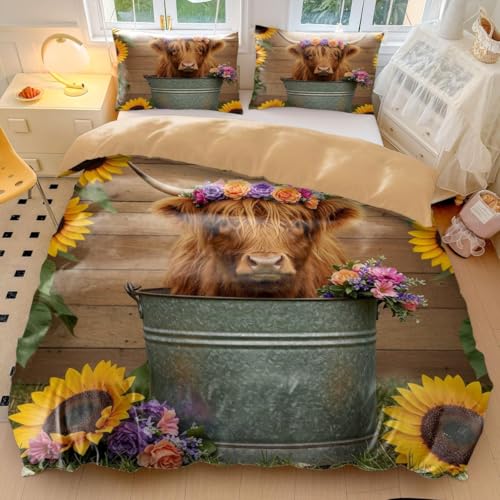 Highland Cow Bettbezug-Set, Retro-Blumenmuster, Bauernhaus-Bettwäsche-Set, brauner Kuhdruck, weiche Mikrofaser, rustikaler Landhausstil, Bettwäsche für Schlafzimmer (05, Einzelbett 135 x 200 cm + 65 x von Generisch