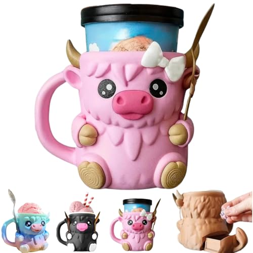 Highland Cow Ice Pint Holder,Cute Animal Penguin Ice Cream Pint Cup Container with 2 Spoons,3D Printed Reusable Popsicle Containers,Fun Gift For Ices Cream Lovers von Generisch