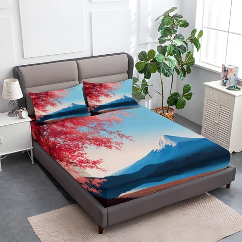 Himmelblau Spannbettlaken Weiche Atmungsaktivem 140 x 200 cm, Tiefe Tasche Matratzenschoner rutschfeste Atmungsaktive Anime Seeblick Blumen Spannbettlaken für Kinder Erwachsene von Generisch