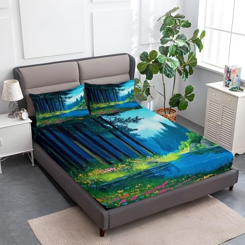 Himmelblau Spannbettlaken Weiche Atmungsaktivem 140 x 200 cm, Tiefe Tasche Matratzenschoner rutschfeste Atmungsaktive Cartoon Wald Seeufer Blumen Spannbettlaken für Kinder Erwachsene von Generisch