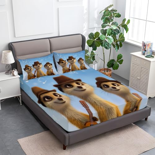 Himmelblau Spannbettlaken Weiche Atmungsaktivem 200 x 200 cm, Tiefe Tasche Matratzenschoner rutschfeste Atmungsaktive Cartoon Musiknote Tier Erdmännchen Spannbettlaken für Kinder Erwachsene von Generisch