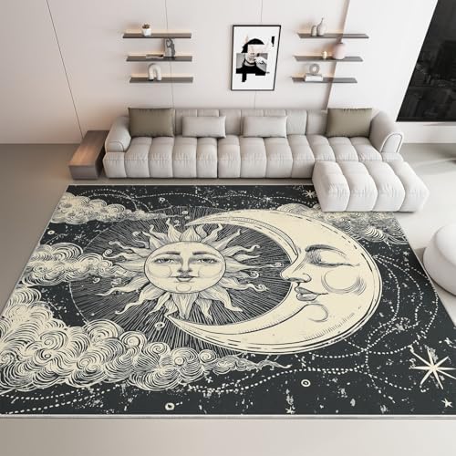 Himmelselemente Mond Sonne Sterne Teppich Wohnzimmer 140 x 200 cm Supersoft Kurzflor Teppich Schlafzimmer, Waschbar Anti-Rutsch fussmatte für Jugendzimmer Badezimmer, Dunkelgrau von Generisch