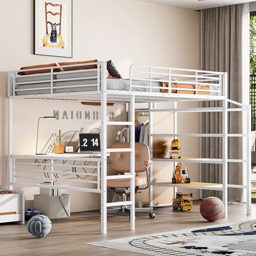 Hochbett, Multifunktionales Etagenbett für Jugendliche, mit Integriertem Schreibtisch, Stabiler Eisenrahmen, raffinierte Aufbewahrung und modernes Design (Keine Matratze) von Generisch