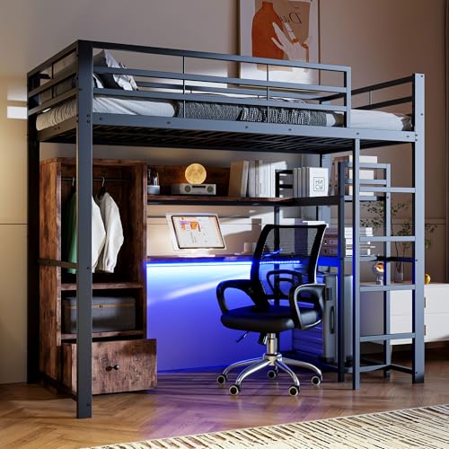 Hochbett 90x200cm mit LED-Beleuchtung, Schreibtisch, Schubladen & Regalen – EN747-zertifiziertes Metallbett in Schwarz von Generisch