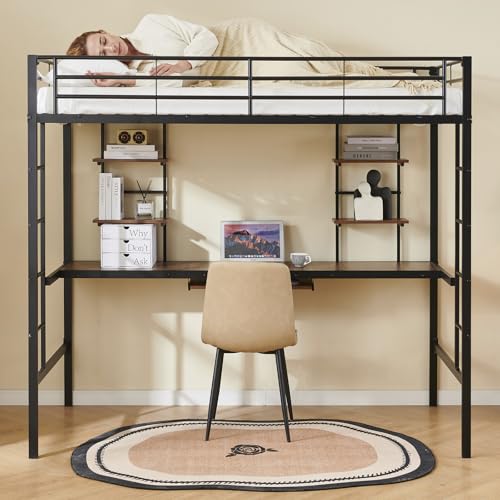 Hochbett Erwachsene, Metallisches Loftbett mit Ablagefächern und einem integrierten Schreibtisch Hochbett, Fallschutz und doppelseitig rutschfestem Treppen, 90×190cm, Schwarz von Generisch