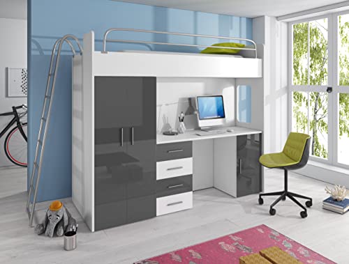 Hochbett TOMI 4D Möbel-Set Schrank und Schreibtisch Bett mit Leiter Kinder-Möbel + Rahmen (Weiß/Grau) von Generisch