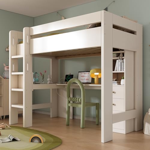 Hochbett mit L-förmigem Schreibtisch, 3 Regalen & Schubladen | USB/Type-C Ladebereich | Max. 120 kg Tragkraft | EN747-1/-2:2024 Zertifiziert | 90×200 cm Weiß (ohne Matratze) | Platzsparendes Design von Generisch