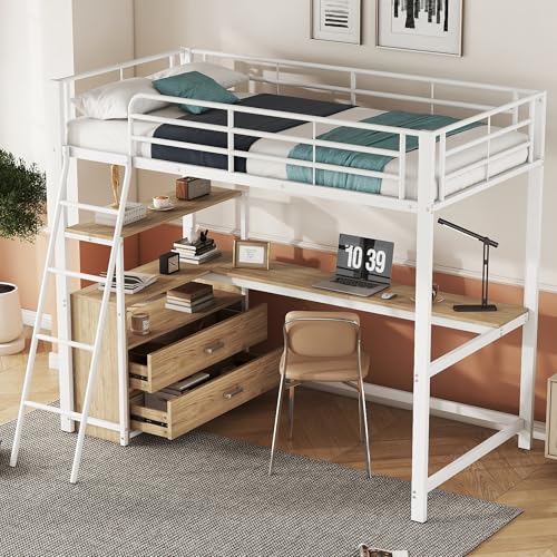 Hochbett mit L-förmigem Schreibtisch und Schubladen – 90x200 cm Eisenrahmenbett in Weiß, Laminatdesign, Platzsparendes Kombi-Möbel für Mehr Stauraum, Ohne Matratze von Generisch