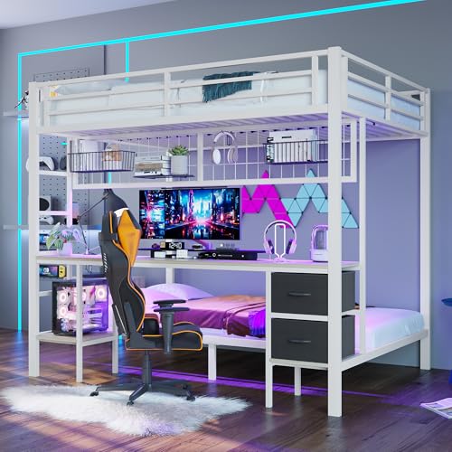 Hochbett mit Schreibtisch, LED-Beleuchtung & USB-Anschluss – 140x200 cm Stahlrahmen, Schubladen, Ablagen & Gitter für maximale Ordnung im Kinderzimmer (weiß, ohne Matratze) von Generisch
